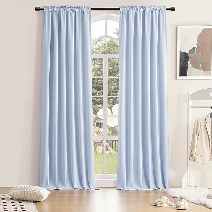 DONREN 108 inch Extra Length Curtains for Bedroom - Rod Pocket Smooth Tactility Room Darkening Window Panels for Patio (52 W x 108 L,Light Blue,2 Pieces)