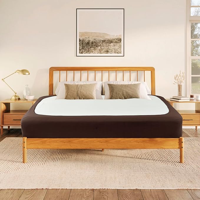 Biscaynebay Decorative Box Spring Cover Queen Size, Brown Jersey Luxurious Jersey Knitting Stretchy Wrap Around 4 Sides Bed Skirt for Home/Hotels, Easy Fit Wrinkle & Fade Free Machine Washable