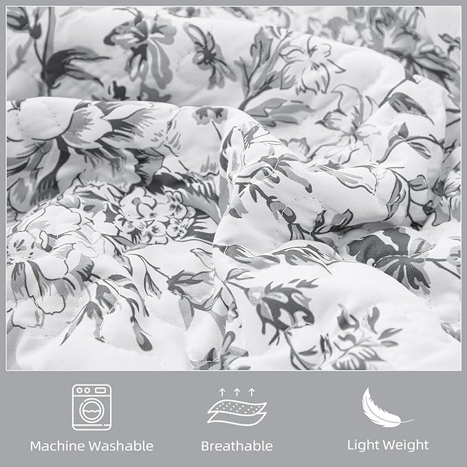 WONGS BEDDING Quilt King Size, Grey Quilt Bedding Set with 2 Pillowcases, Botanical Quilt for King Bed, Soft Microfiber Lightweight Coverlet Bedspread for All Season (110"×90", 3 Pieces)