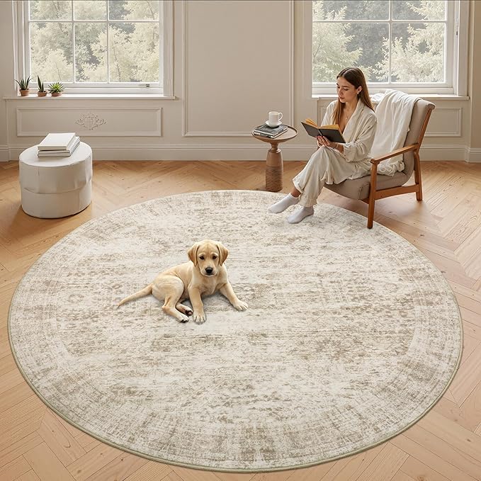 8x8 Beige Round Rug 8ft Living Room Circle Rug Vintage Round Area Rug Non Slip Indoor Carpet for Apartment