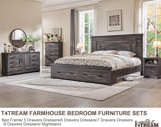 T4TREAM Farmhouse King Size Bed Frame with 54" Tall Geometric Headboard & 2 Large Storage Drawers, Rustic Wood Platform Bed with Wood Slats Support, No Box Spring Needed, Dark Rustic Oak