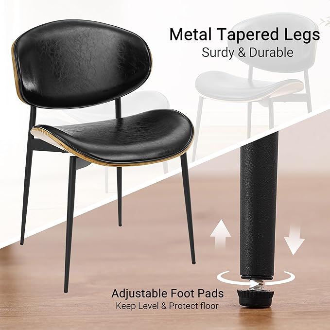 Art Leon Modern Faux Leather Dining Chairs, Set of 2, Mid Century Desk Chair No Wheels, Armless Accent Chair with Black Metal Legs, Black/Walnut