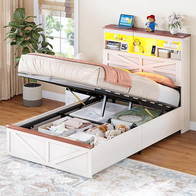 AOGLLATI Farmhouse Twin Bed Frame with Lift Up Storage & Hidden Bookcase Storage Headbord, Wood Bed Frame Twin with Charging Station, Led Lights, No Box Spring Needed, Antique White