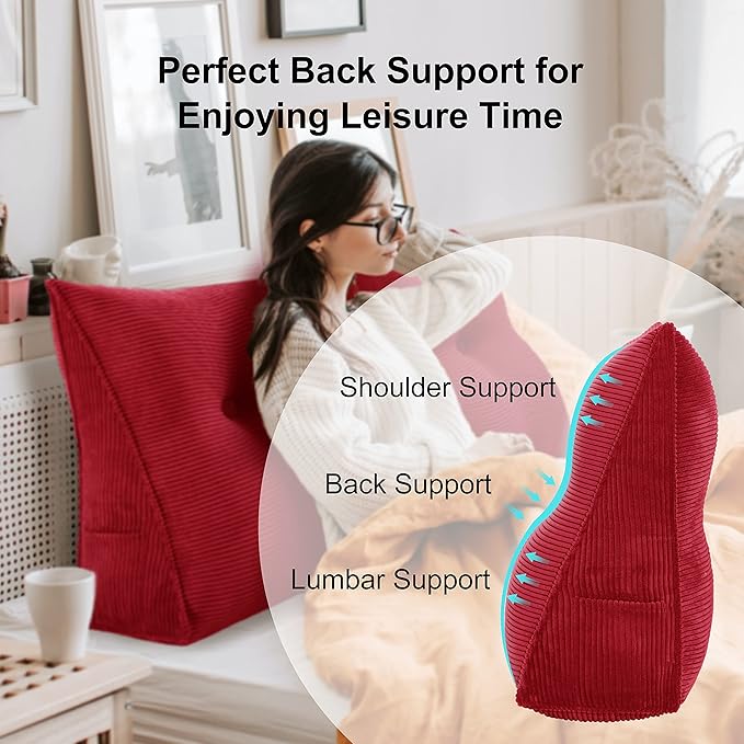 WOWMAX 100% Cotton Corduroy Headboard Pillow – Twin Size Back Support Reading Wedge for Bed & Daybed, Plush Handmade Bolster Cushion with Removable Cover, Cozy Bed Rest Pillow, Red