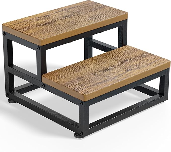 Two Step Stool for Adults Kids, Bed Step Foot Stool with Adjustable Non-Slip Feet, Portable Sturdy Metal Frame Stepping for Kitchen Bathroom Bedroom Living Room, Indoor or Outdoor Use, Rustic Brown