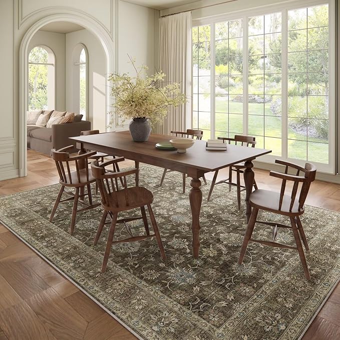Washable 8x10 Area Rugs for Living Room, Boho Non-Slip Vintage Distress Large Rugs for Bedroom Dining Room Nursery Office, 0.3" Neutral Oriental Throw Thin Carpet, Tan/Flaxen/Multi