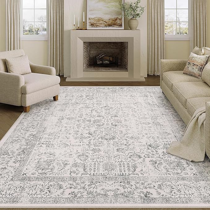 Gray Area Rug 5x7 Machine Washable Vintage Living Room Distressed Non Slip Carpet Traditional Indoor Bedroom Grey Retro Floral Accent Throw Large Rug for Office Kitchen Bathroom Dining Room