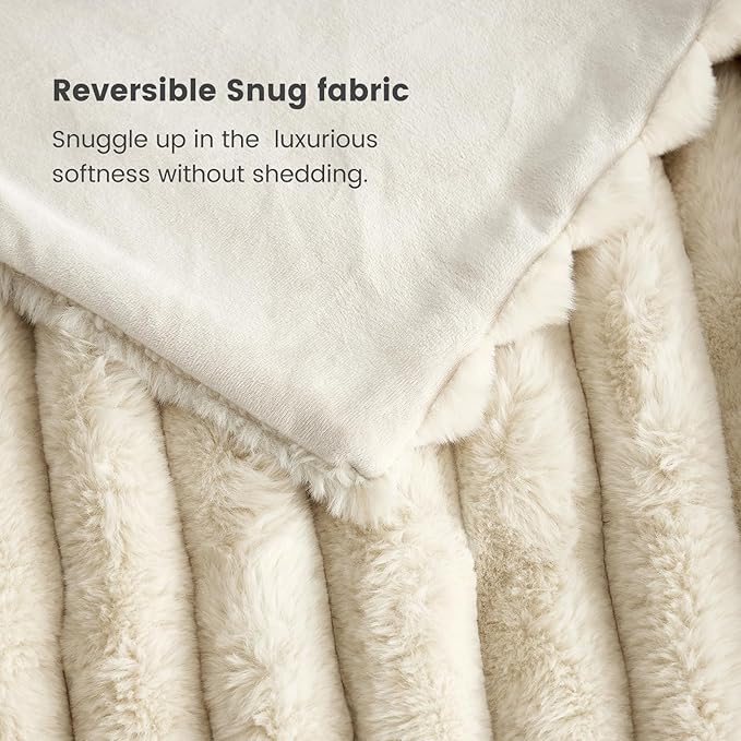 Cozy Bliss Faux Fur Throw Blanket for Couch, Cozy Warm Plush Striped Blanket for Sofa Bedroom Living Room, 60 * 80 Inches Beige