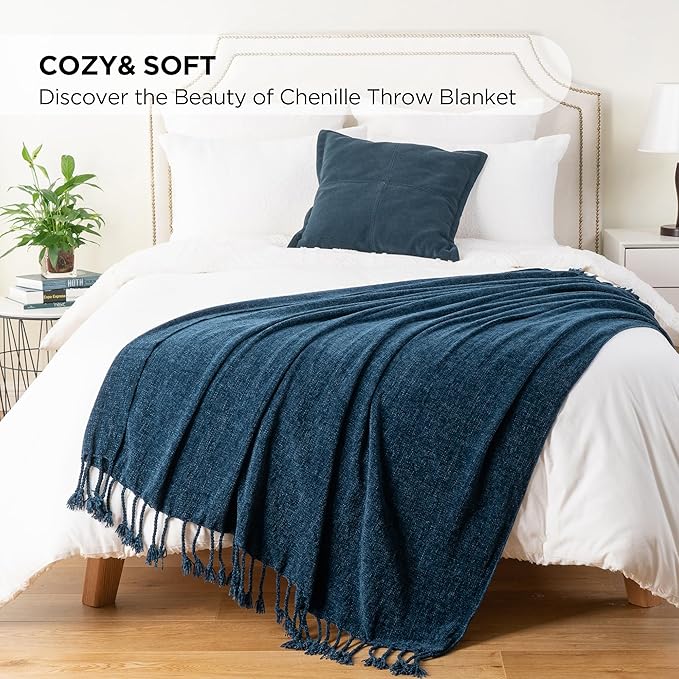 BATTILO HOME Navy Blue Chenille Throw Blanket for Couch, Bed, Sofa - Soft Cozy Chenille Knitted Throw Blanket with Handmade Fringe Tassels, Lightweight Knit Throw for Home Decor, 50"x60"