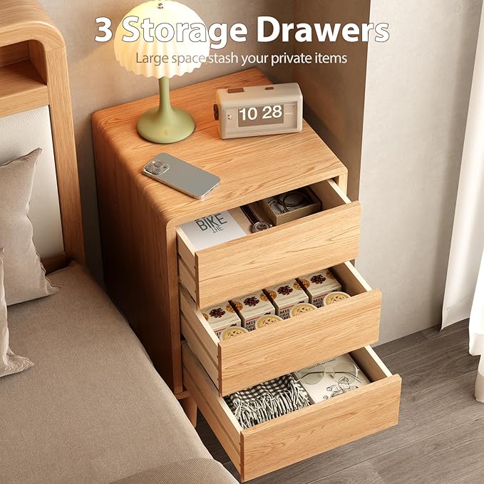 Tall Nightstand Natural Night Stand with 3 Drawers Mid Century Modern Nightstand with Storage,Solid Wood Night Stand,Small Bedside Table for Bedroom,Living Room,Office,Natural Bedside Table