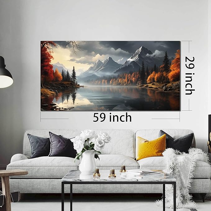 Landscape Wall Art for Living Room Bedroom Home Office Gray Wall Art Mountain Lake Pictures Modern Landscape Large Artwork Framed Canvas Prints 29x59 Inch