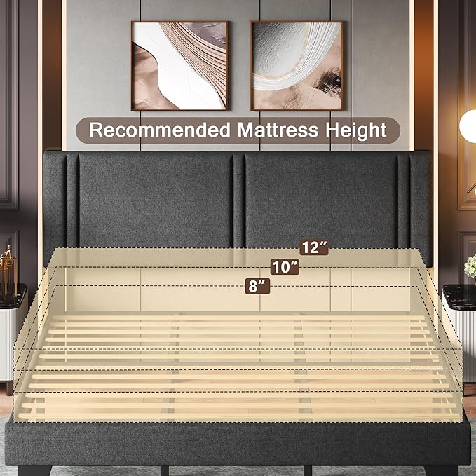 Upholstered King Size Bed Frame with Linen Fabric Headboard, Strong Wooden Slats Support, Noise Free, No Box Spring Needed, Dark Grey