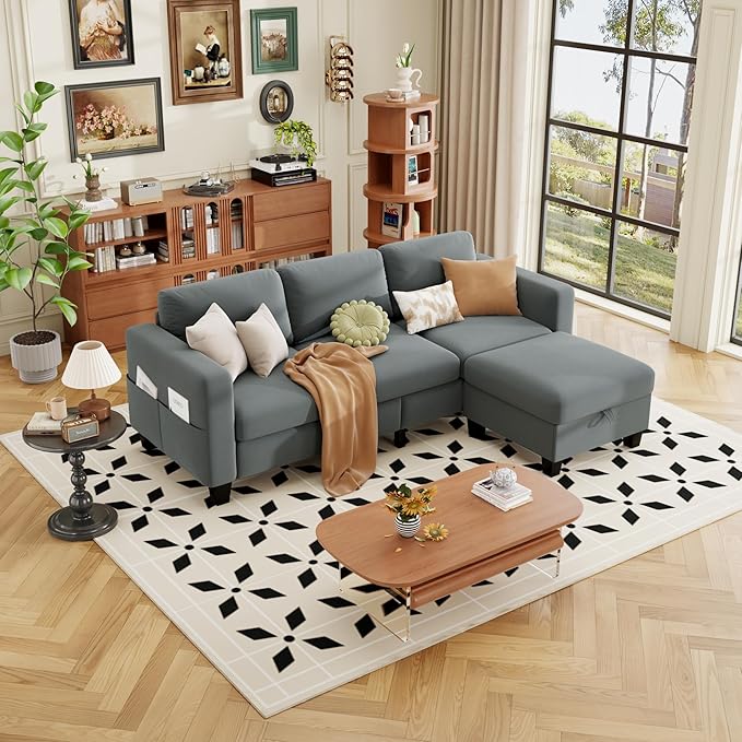 ZeeFu Sectional and Sofa Couches for Living Room - 78'' 3 Seater L-Shaped Modular Couch with Storage Ottoman - Modern Velevt Fabric Upholstered Sofa Set for Small Space Apartment Office