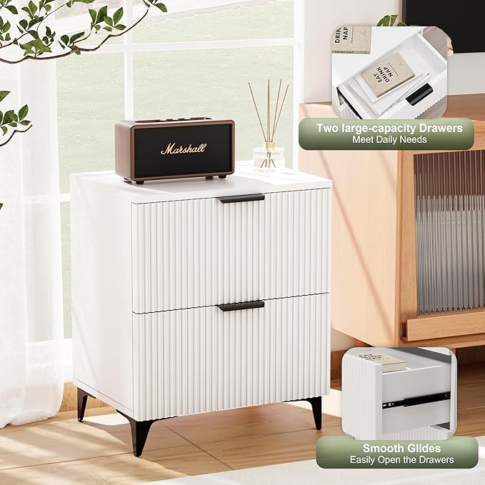 Royal Windsor Small Fluted Nightstand Set of 2 with 2 Drawers, Side End Table, Small Accent Storage Cabinet,Modern Night Stand Bedside Table for Bedroom Full Size Bed,White
