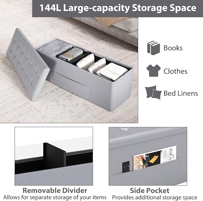 Giantex 43 Inches Folding Storage Ottoman Bench, Upholstered PU Leather Storage Chest with Side Pocket, Padded Seat, End of Bed Bench, Collapsible Ottoman Foot Rest for Living Room, Bedroom & Entryway