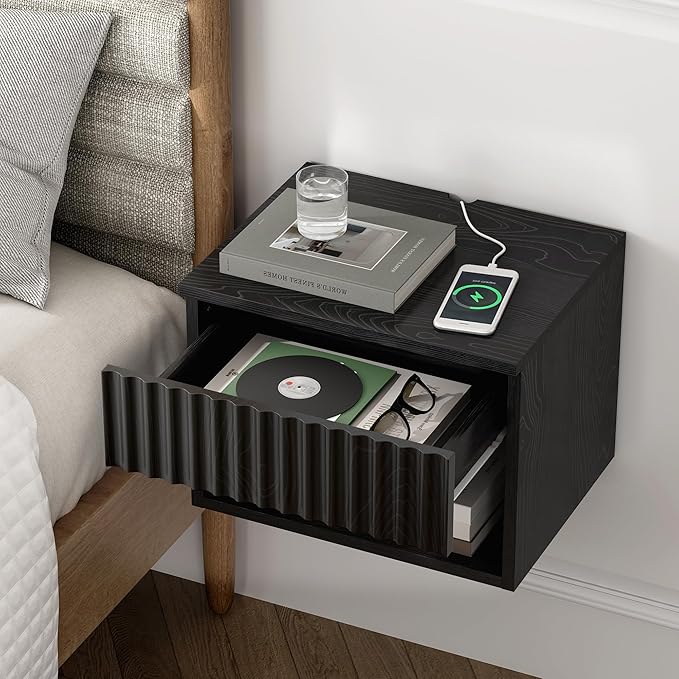Floating Nightstands Set of 2 with Drawer and Open Shelf, Small Wall Mounted Bedside End Table, Modern Fluted Night Stand for Bedroom, Living Room, Black