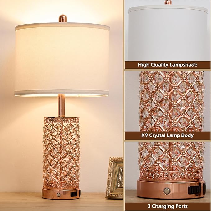 Crystal Table Lamps 3-Way Dimmable Bedroom Lamp with 2 USB Ports & AC Outlets for Living Room Retro Bedside Nightstand Lamp Night Light (Rose Gold- 1 Pack 24In)