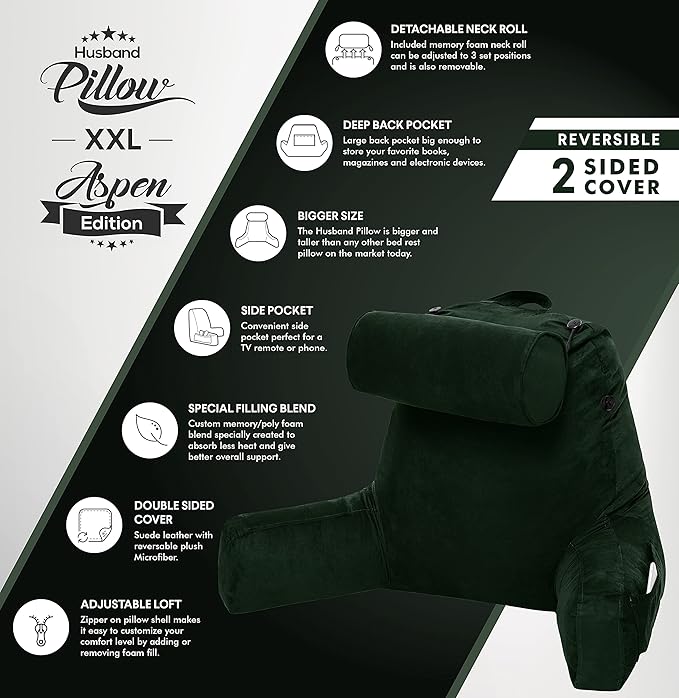 Husband Pillow XXL Aspen Edition, Adult Reading Sit Up Bed Rest Pillow for Bed with Arms & Neck Roll on Bungee Cord - Premium Memory Foam, Reversible 2 Sided Cover Micro Suede or Plush, Ramona Green