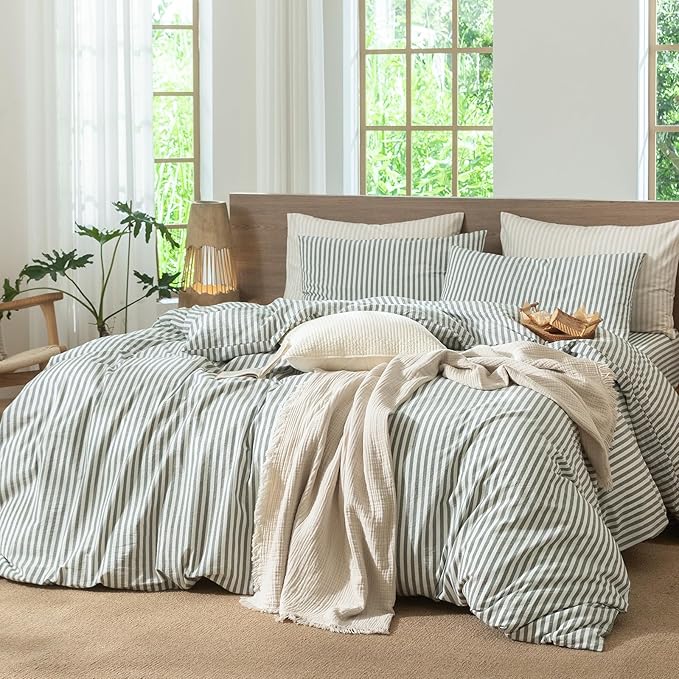 MooMee Striped Duvet Cover Set 100% Washed Cotton Linen Like Textured Breathable Durable Soft Comfy (Heathered Green Classic Stripes, Full 80"x90")