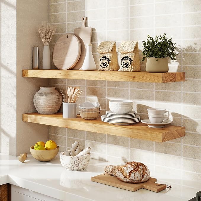 fuqing Floating Shelves for Wall, 36 inch Rustic Solid Elm Wood Floating Shelves, Wooden Wall Shelves with Invisible Heavy Duty Brackets for Living Room, Bedroom, Kitchen, Bathroom, 2 Pack, Natural