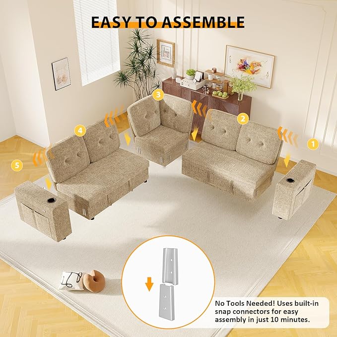 Modular Sectional Sleeper Sofa with Pull Out Bed, L Shaped 5 Seat Sectional Couches for Living Room, 84 Inch Sofa Bed with Adjustable Backrest | Hidden Storage | Wide Armrest | Khaki