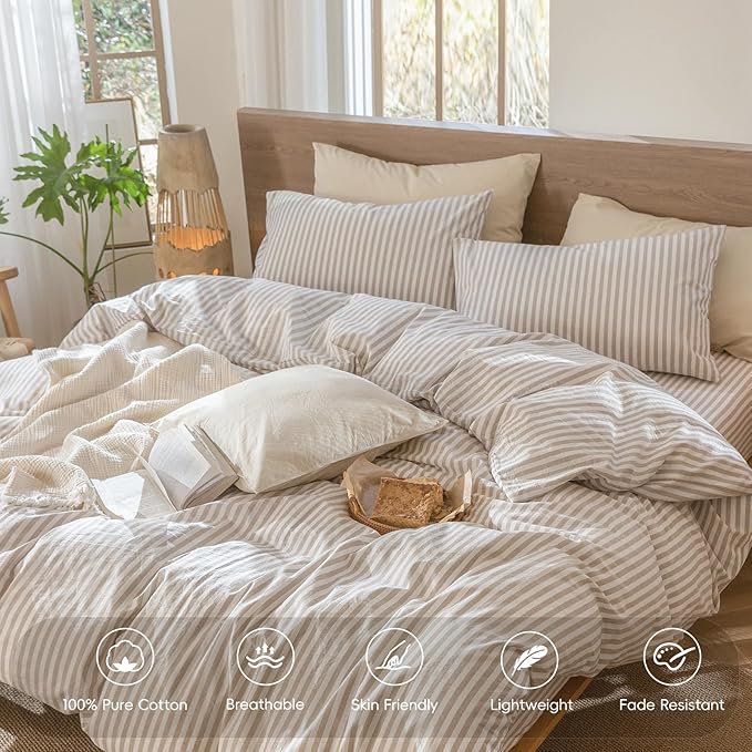 MooMee Striped Duvet Cover Set 100% Washed Cotton Linen Like Textured Breathable Durable Soft Comfy (Tannish Linen Grey White Classic Stripes, Full 80"x90")