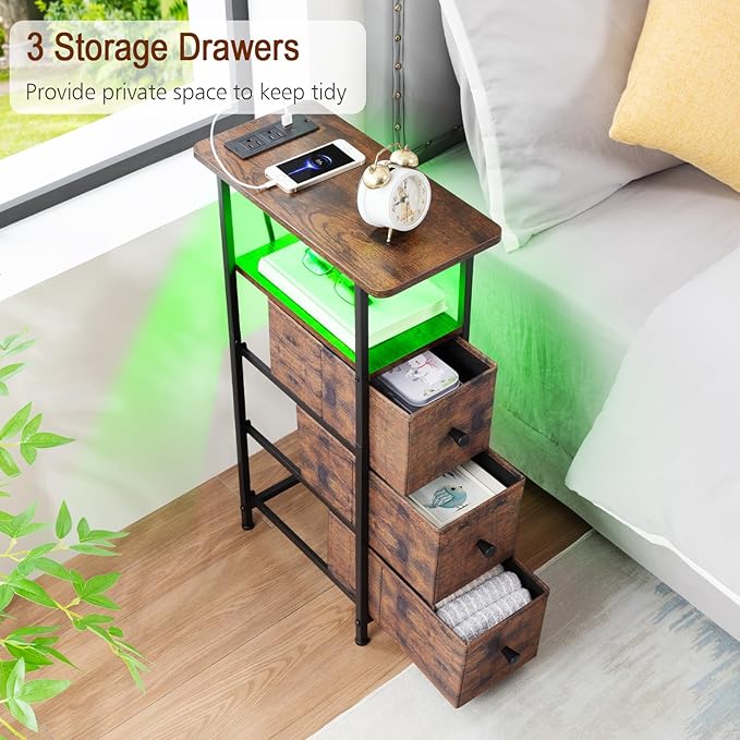 LOAKEKEL Narrow End Table Living Room with Charging Station, Skinny Side Table with Fabric Drawers, Slim LED Nightstand for Bedroom, Small Spaces, Couch, Rustic Brown, HETNDP03LPBR-1