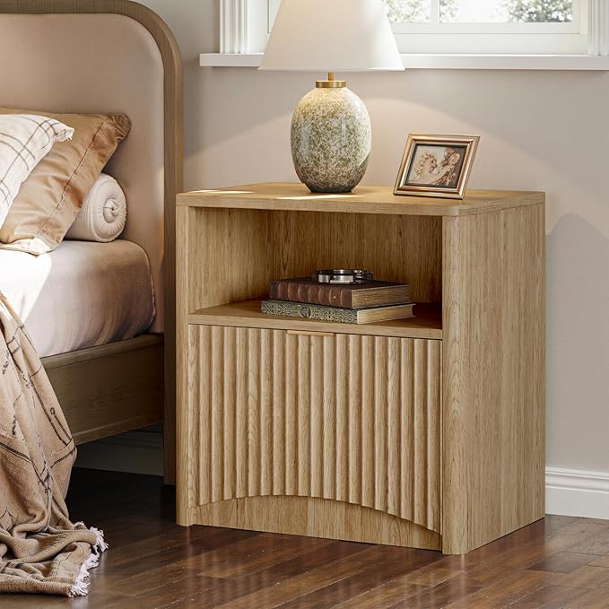 Evermagin Fluted Nightstand Set of 2, Natural Oak Bedside Table with Drawer and Storage, Wood End Table Mid Century Modern, Large Night Stand for Bedroom