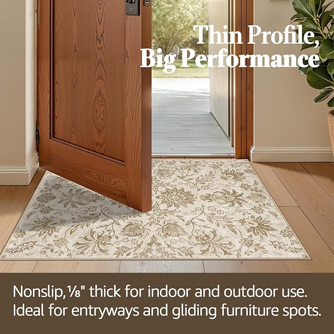 jinchan Torino Runner Rugs 2x6, Vintage-Inspired Floral Neutral Design Machine Washable Non-Slip Ultra-Thin Low-Pile Rubber Backing Runner Rug for Kitchen Hallway Laundry Room Entryway Taupe
