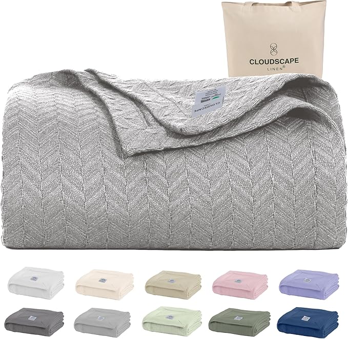 Cloud Scape Linen 100% Cotton Blanket Twin 68x92 Charcoal Grey - Cozy Herringbone Weave, Fits Up to Twin XL Size Beds, Breathable Softness, All-Season Warmth, Winter Blanket, Bedding Gift Choice