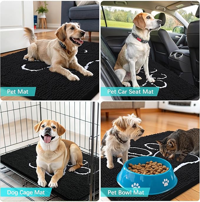 OLANLY Dog Door Mat for Muddy Paws 70x24, Paw Print Design, Absorbs Moisture and Dirt, Absorbent Non-Slip Washable Doormat, Quick Dry Chenille Mud Mat for Dogs, Entry Indoor Entryway Carpet, Black