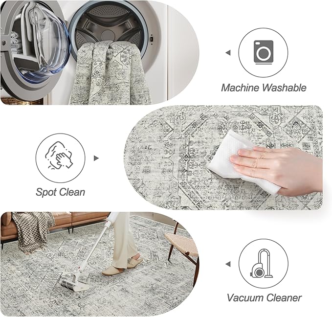 6x9 Area Rug for Living Room Floral Washable Non-Slip Gray Rugs for Bedroom Dinning Room Ultra-Thin Indoor Grey Rug