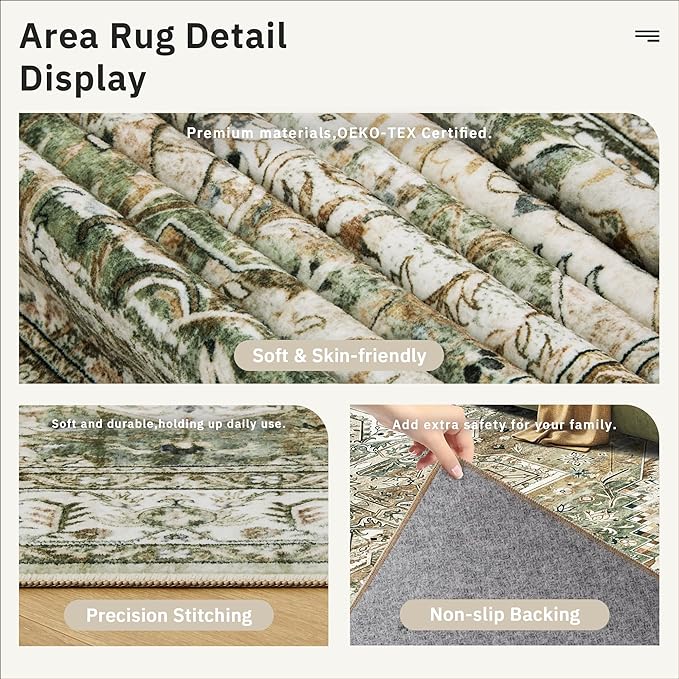 5x7 Area Rugs Low Pile Indoor Washable Trendy Faded Style Rugs for Bedroom Living Room Dining Room Foldable Non-Slip Thin Print Mat Green Olive Beige