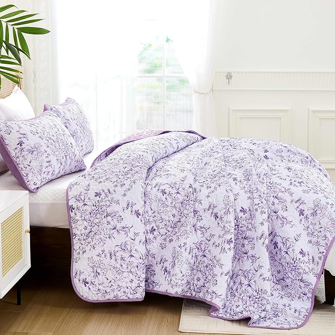 WONGS BEDDING Quilt Queen Size, Purple Quilt Bedding Set with 2 Pillowcases, Botanical Quilt for Queen Bed, Soft Microfiber Lightweight Coverlet Bedspread for All Season (96"×90", 3 Pieces)