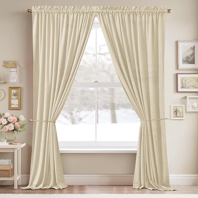 StangH Beige Velvet Curtains 94 inches Long Super Soft Luxury Home Decor Thermal Insulated Light Dimming Drapes for Living Room Sliding Door/Bedroom, W52 x L94, 2 Panels