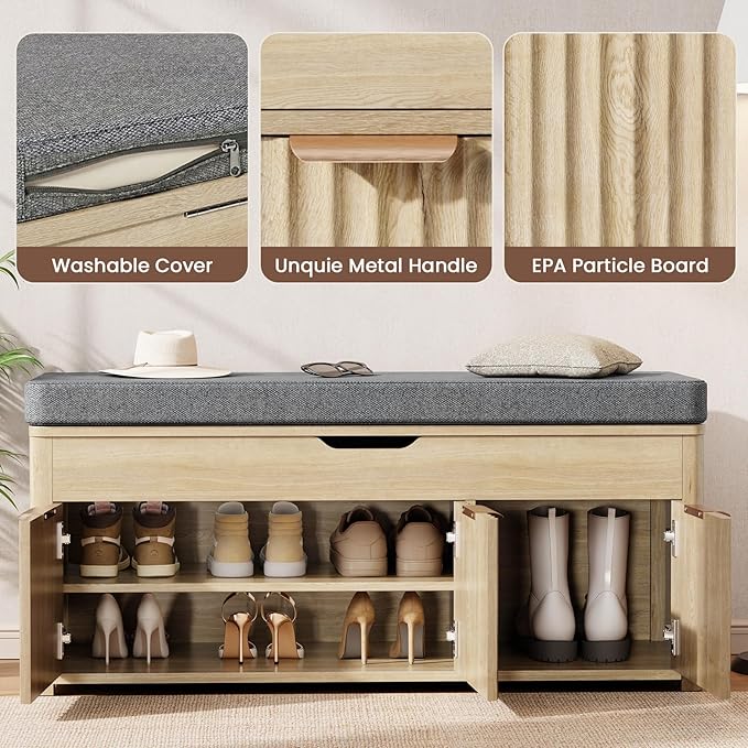Shoe Bench with Storage - Lift Top Entryway Bench with Hidden Storage, Shoe Rack with Adjustable Shelves and Cushioned Seat, Wooden End of Bed Bench for Bedroom, Living Room and Hallway,Nature