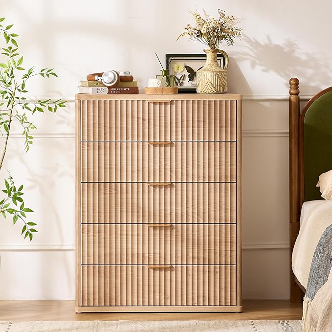 LEYAOYAO Fluted 5 Drawers Dresser Set of 2, 41" Tall Modern Chest of Drawers with Metal Handle, Curved Profile Dresser TV Stand, Wooden Drawer Organizer for Bedroom, Living Room, Hallway, Lightgrey