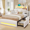 VIAGDO Twin Bed Frames with Storage Headboard and Charging Station, Boucle Upholstered Bed Frame Twin Size with 4 Drawers and LED Lights, Type C and USB, No Box Spring Needed, Cream White