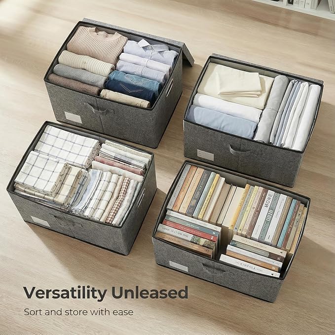 PRANDOM Storage Bins with Lids [3-Pack] Linen Fabric Foldable Storage Boxes Organizer Containers Baskets Cube with Cover Grey(23.4X15.9X11.4)
