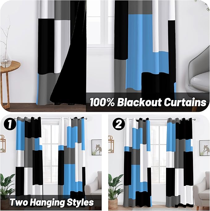 Light Blue 100% Blackout Curtains for Bedroom 72 inch Length 2 Panels Set Grey Modern Abstract Geometric Black Out Curtains Insulated Room Darkening Window Drapes for Living Room, 52Wx72L