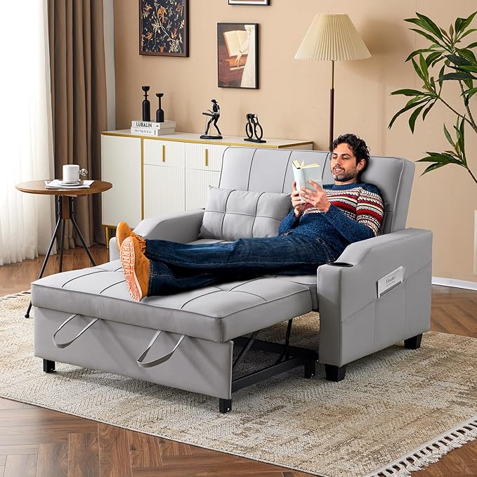 VINGLI Light Grey Futon Sofa Bed Convertible Loveseat Sleeper Couch, Faux Leather Pullout Sofa Fold Out Couch Bed with USB Ports, Cup Holders, Armrest for Living Room, Bedroom Apartment Room