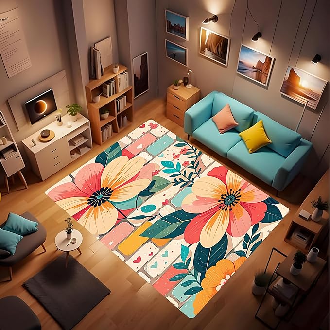 Machine Washable 5' x 8' Bohemian-Style Area Rug, Pink Floor mat, Suitable for bedrooms, Girls' Room Bedside, Living Room, Dining Room, Office, Non-Slip Low-Pile Printed Modern Floral Carpet