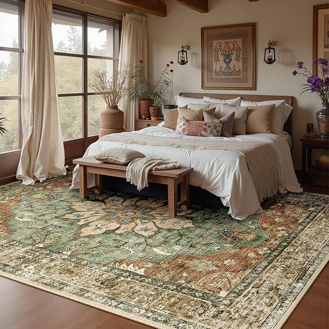 Area Rugs 9'x12' Washable Non-Slip, Floral Vintage Distress Print Pattern Medallion Carpet for Living Room Bedroom Dining Room, Brick Red Rust Neutral Brown Burnt Orange Green