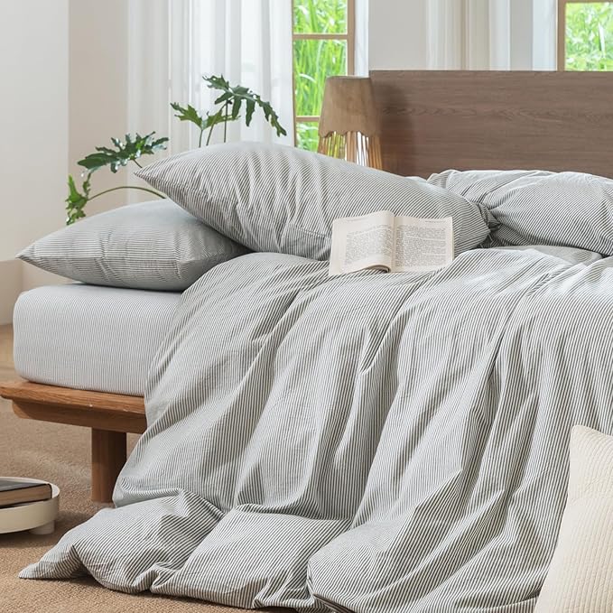 MooMee Striped Duvet Cover Set 100% Washed Cotton Linen Like Textured Breathable Durable Soft Comfy (Heathered Green Pinstripes, Oversized King Plus 128"x120")