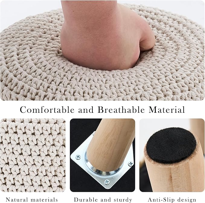 LGENHOOM Cotton Knitted Ottoman Round Footstool Vanity Stool Modern Stool Ottoman Footrest Stool with Non-Skid Wood Legs for Living Room Bedroom White