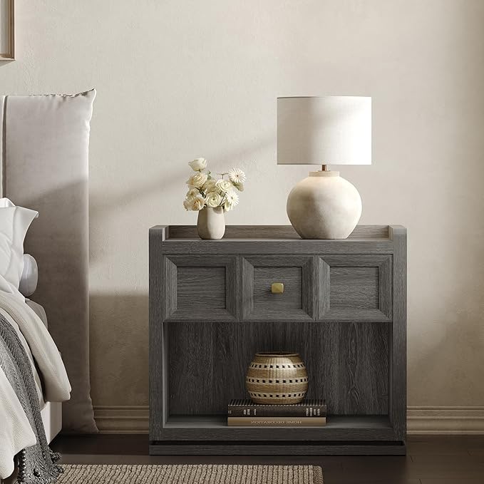 SICOTAS Night Stand Set 2, 26" Wide Nightstands with Drawer, Large Queen Size Nightstands Set of 2, Modern Bedside Table for Bedroom, Side End Table (Dark Grey Oak, 26-Inch)