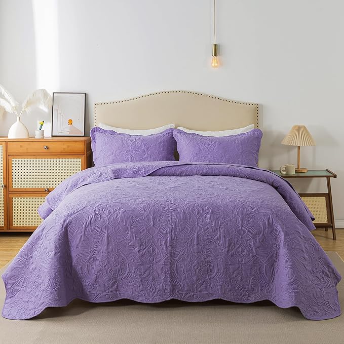 HoneiLife Quilt Sets King Size - 3 Pieces Microfiber Quilt Set Lightweight Bedspreads Reversible Coverlets Rustic Bed Cover King Quilt Bedding Set All Season Quilts-Purple