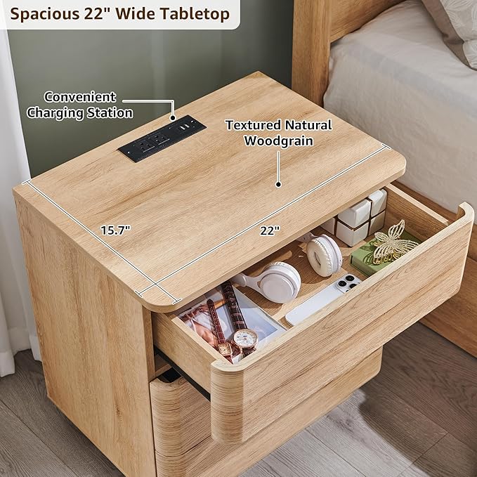 ACCOHOHO 22" Modern Nightstand with Charging Station, Push-to-Open Handleless 3-Drawer Bedside Table, Large End Table with Storage, Night Stand for Bedroom, Living Room, Curved Profile, Natural Oak