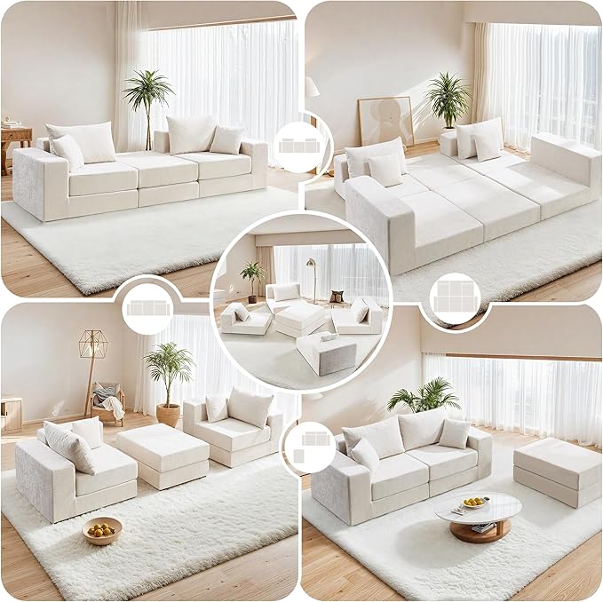 Boneless Sectional Loveseat Couch with Ottoman, Convertible Modular Floor Sleeper Sofa Bed, Comfy Foldable Compression Love Seat Sofa for Living Room, No Assembly, Beige