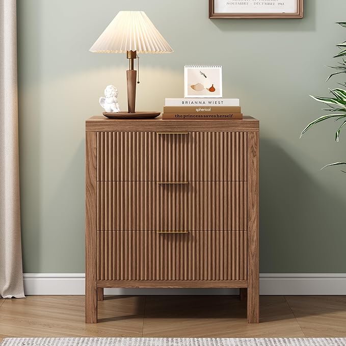 End Table with Storage, Wooden Farmhouse Nightstands with 3 Drawers, Bedside Table - Boho Tall Side Table Accent for Bedroom, Living Room, Walnut